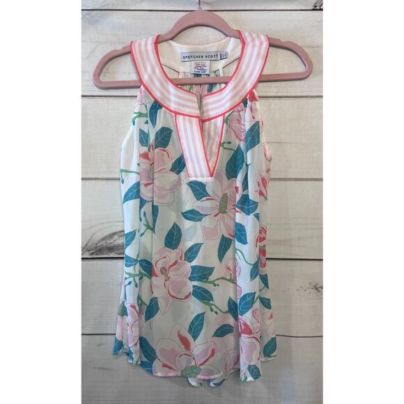 Gretchen Scott Tops - Gretchen Scott Top Floral Sleeveless Pink Green Striped Collar Size Med (?